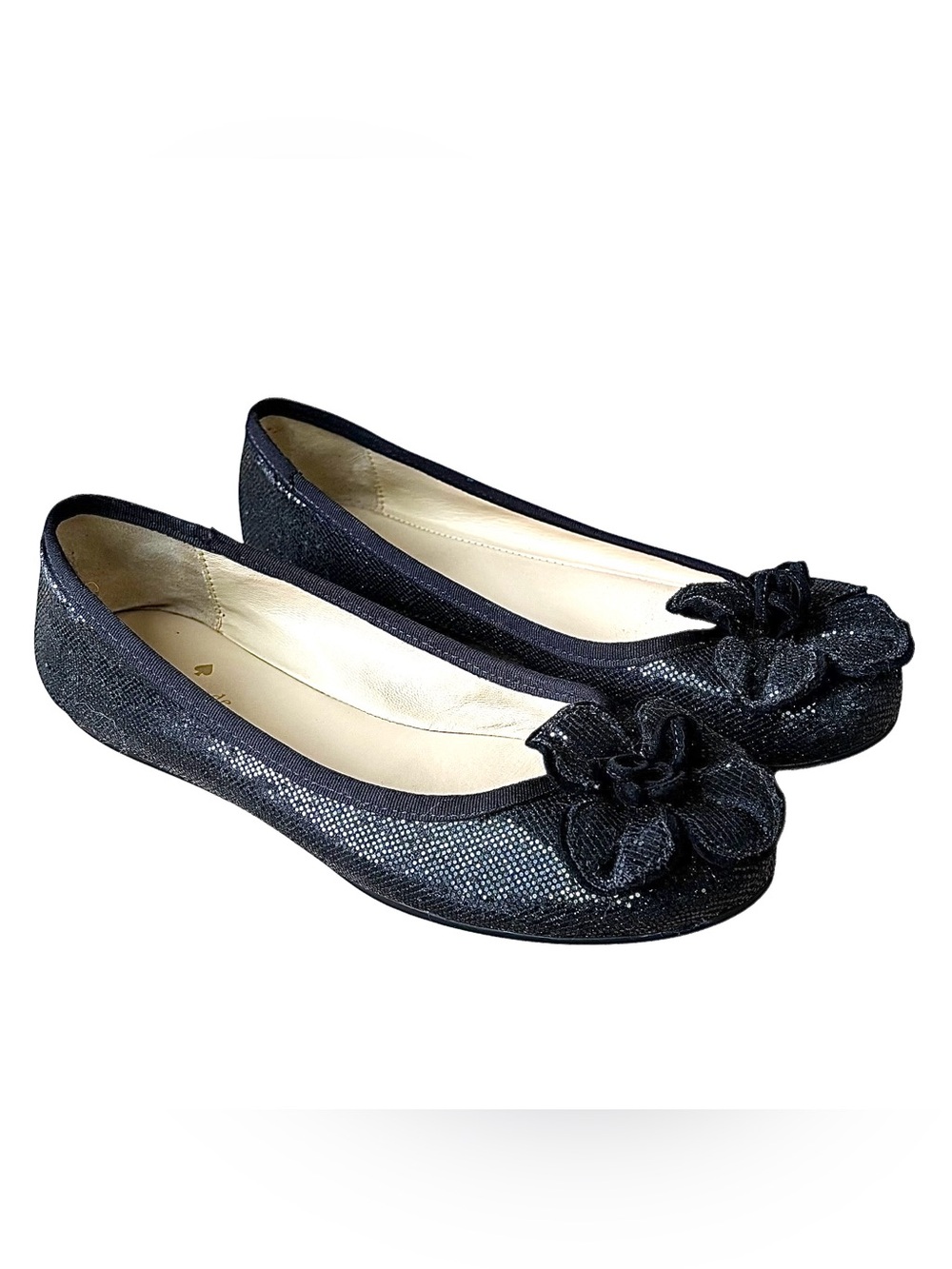 KATE SPADE Black Sparkle Suede Ballet Flats w/ Flowers